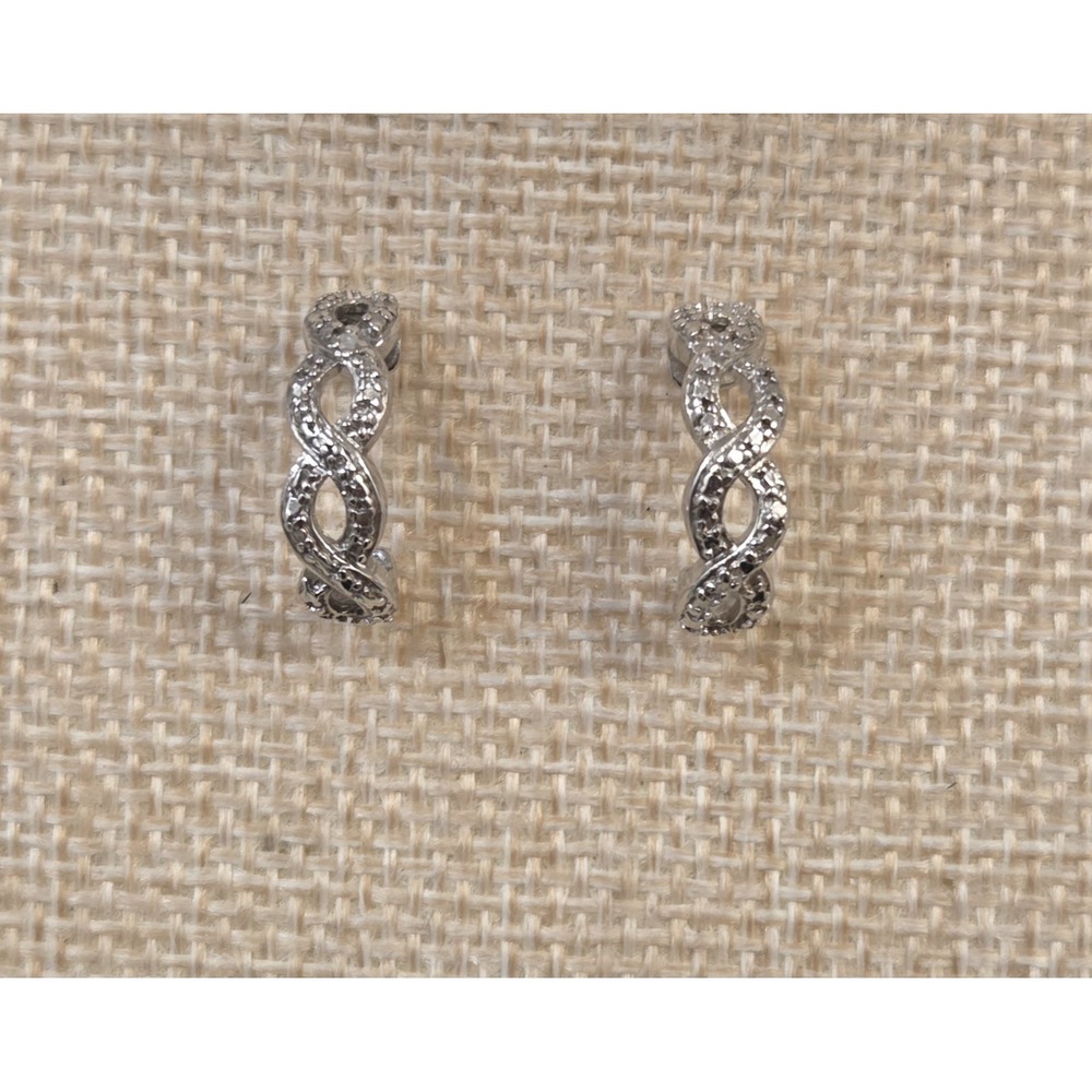 Vintage Twisted Sterling Silver Genuine Diamond Huggie Dangle J Hoop‎ Earrings